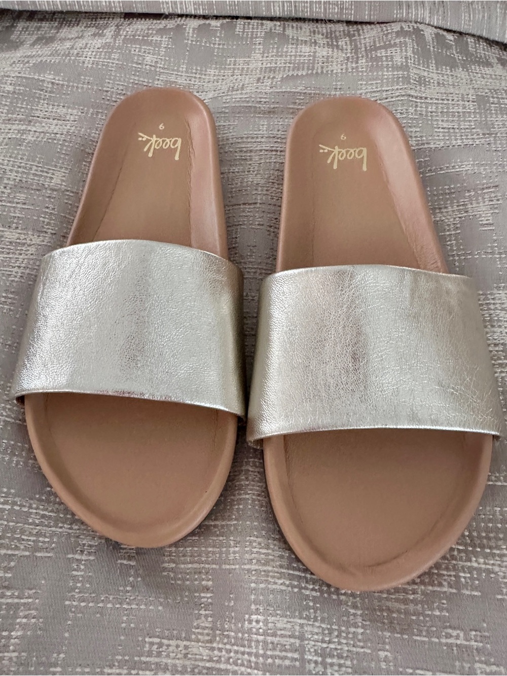 beek Metallic Silver Slide Sandals with Tan Footbed
